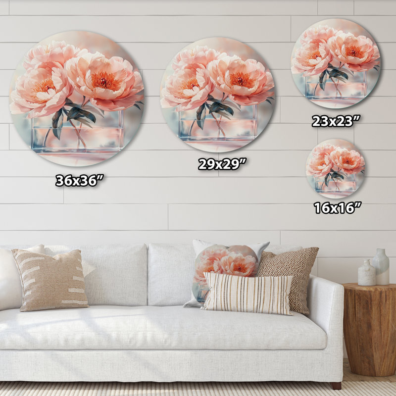 Pivoines flottantes dans un vase de tranquillité - impression d'art en métal rose traditionnel, H 23 po x l 23 po