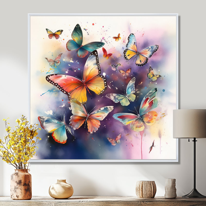 «Purple Butterflies In The Air», reproduction d'art sur toile, H 30 po x l 30 po, Cadre flottant blanc