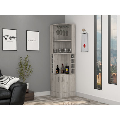 Syrah Corner Bar Cabinet with Two Doors, Three Open Shelves and Bottle Racks