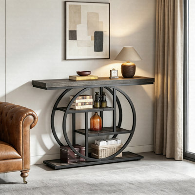 Console industrielle 41,3 po, canapé à 4 niveaux avec structure circulaire en métal, table d'entrée étroite pour le couloir du salon