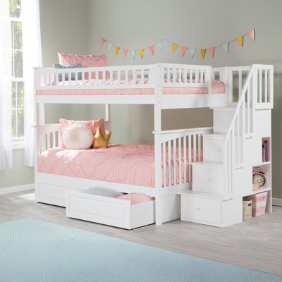 Flinn Solid Wood Ultimate Storage Staircase Bunk Bed with Raised Panel Under Bed Drawers