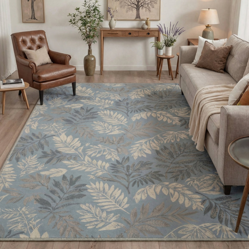Aethel Tropical Floral Machine Washable Blue / Beige / Grey Indoor Area Rug with Non-Slip Backing, Rectangle 5' x 7'