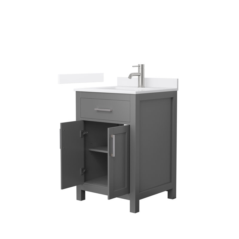 Meuble-lavabo simple autoportant 24 po avec plateau en quartz Beckett, Gris foncé, Nickel brossé, Quartz blanc