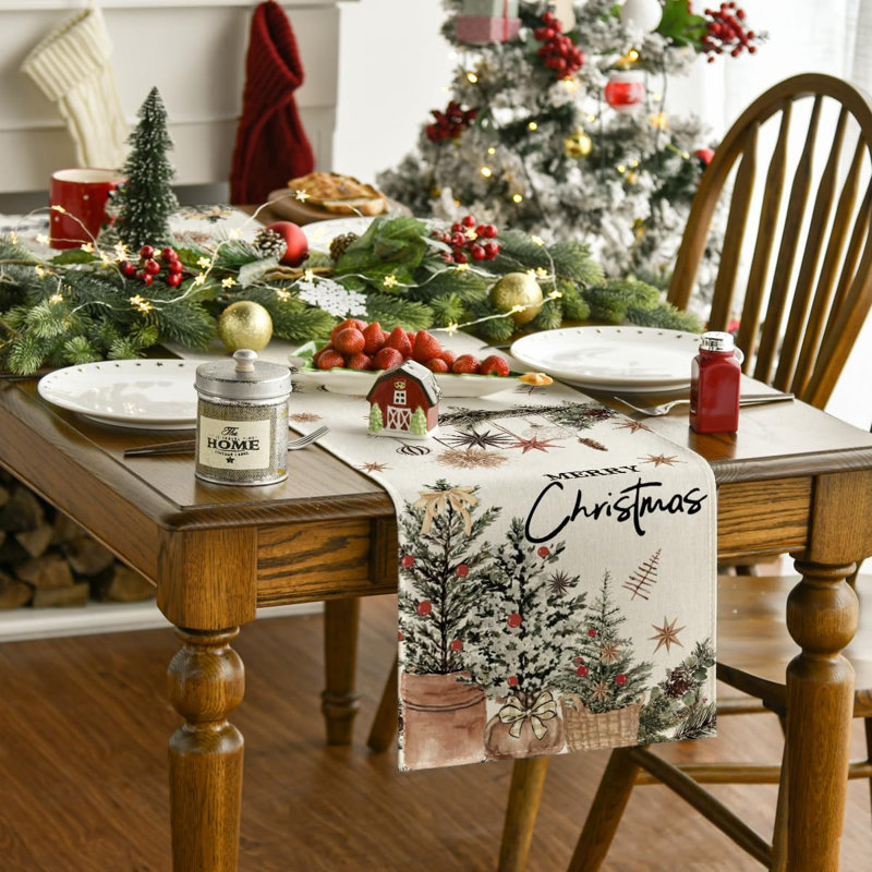 Chemin de table de Noël 13 x 72 pouces avec des arbres de Noël en forme de pomme de pin houx, décoration de table de salle à manger pour les fêtes d'hiver
