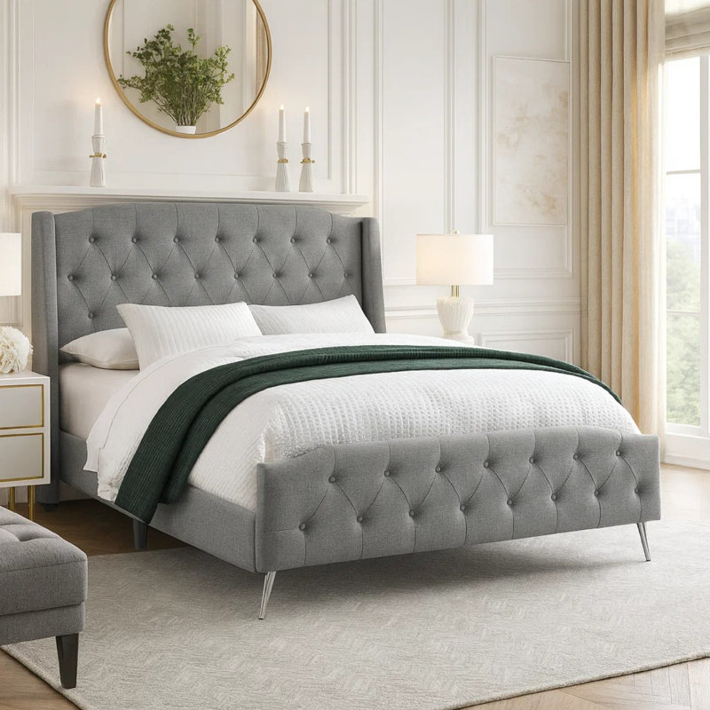 Bed Queen Size Platform Bedroom Frame Upholstered Linen Look Metal Legs, Gray