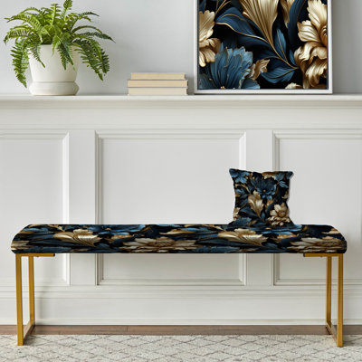 Banc rembourré damassé bleu foncé et doré Techno