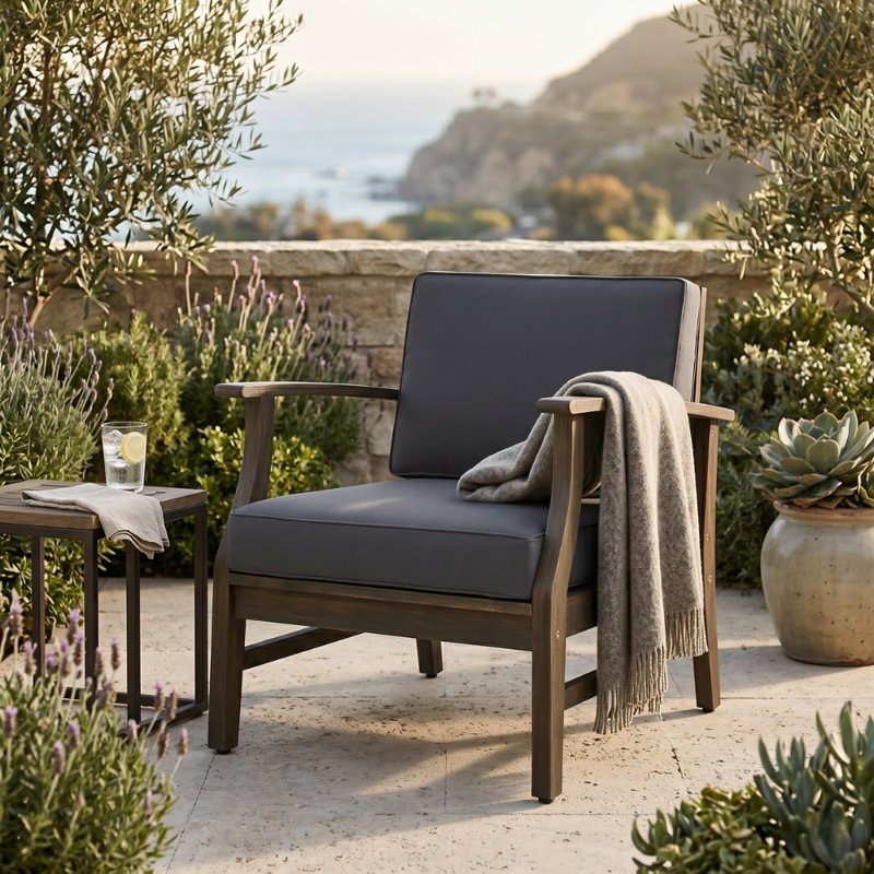 Apolinario Acacia Outdoor Lounge Chair, Dark Gray Cushion / Gray Frame 