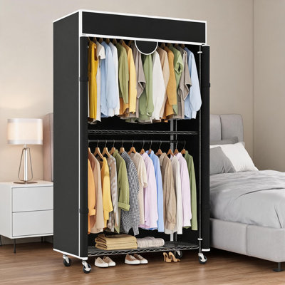Portable Wardrobe Closet with Cover, 485 LB Rolling Garment Rack with 2 Hanging Sections, Adjustable Clip Shelves & Lockable 360° Wheels, Freestanding Clothes Storage for Bedroom, Dorm, Apartment