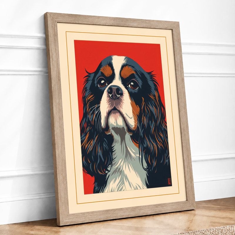 Spaniel in Red Japandi - Framed Print, A1 - 84.1 x 59.4 cm, Oak