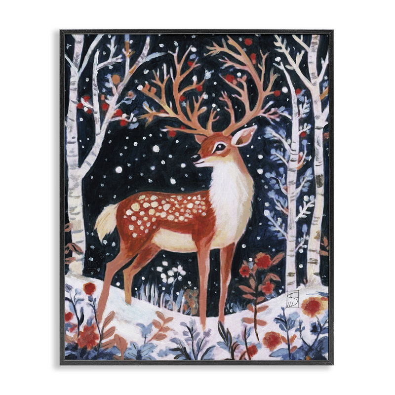 «Woodland Deer Winter Night», estampe numérique, design par Sara Culpepper, H 14 po x l 11 po, Giclée encadrée noir minuit
