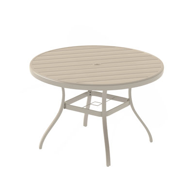 Outdoor Round Patio Dining Table For 4-6, All Weather Metal Dining Table With Umbrella Hole For Deck Lawn Garden Backyard, Sandstone Color
