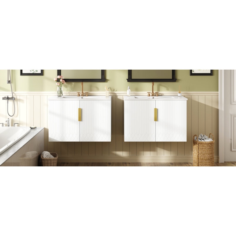 Meuble-lavabo de 60 po avec lavabo en céramique, lavabo simple en céramique à 3 trous, meuble-lavabo avec 2 portes à fermeture douce