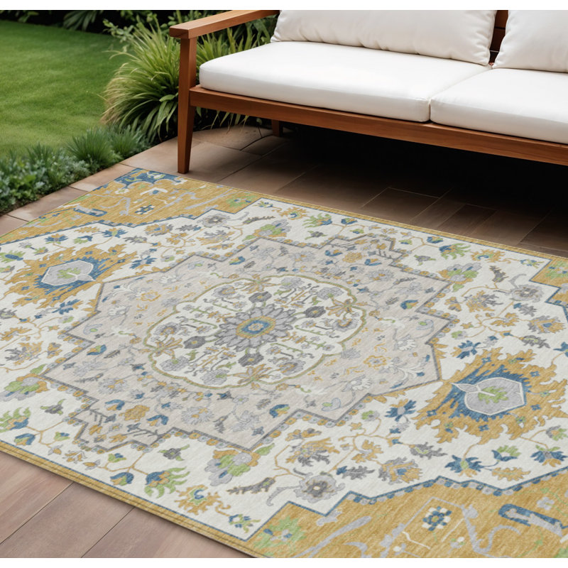 Tapis intérieur lavable oriental ivoire et bleu doré 8 pi x 10 pi