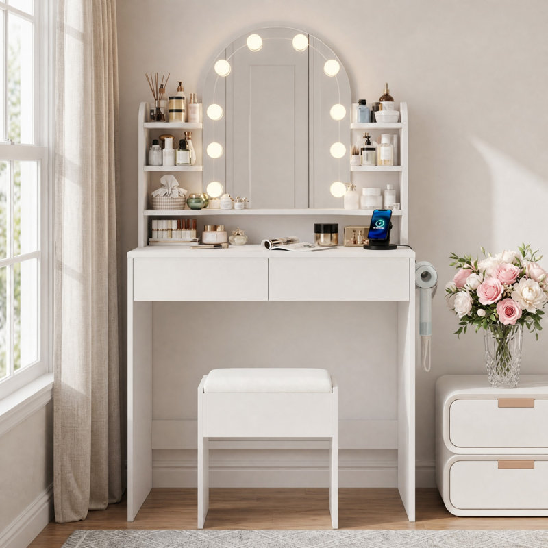 Coiffeuse de maquillage avec miroir lumineux et prise de courant, petit bureau de meuble-lavabo moderne avec tablettes de rangement latérales pour la chambre à coucher