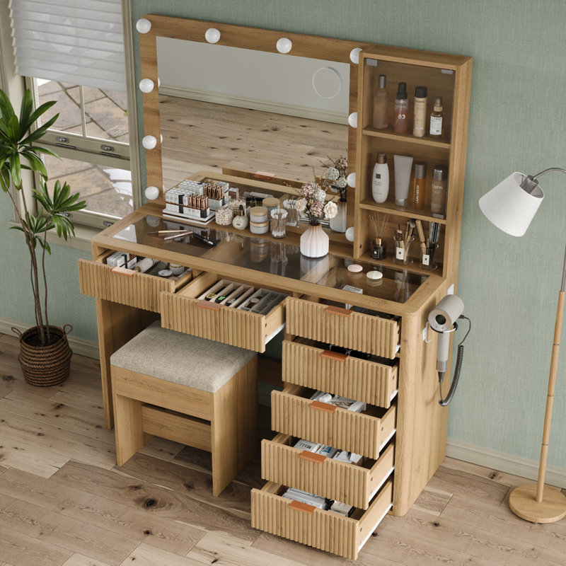 47'' W Fluted Vanity Desk, Makeup Vanity With 10 LED Lights And Mirror, 3 Lighting Modes Adjustable, 7 Drawers Makeup Table With Power Oultlet, Vanity With Chair, Glass Top Vanity Set