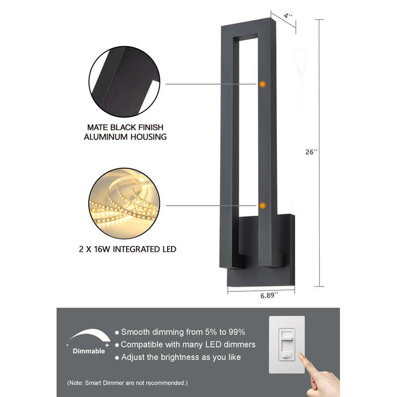 Dimmable Modern Outdoor LED Wall Sconce, 26" H x 6.89" W x 4" D