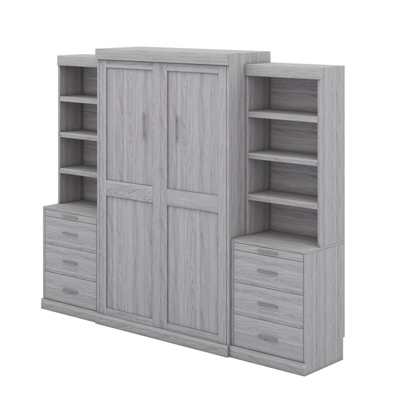 Lit escamotable double avec tablettes et tiroirs de rangement
