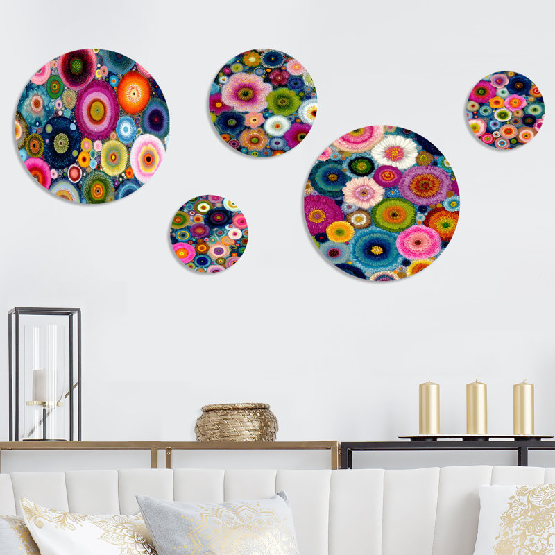 «Vibrant Flower Wall Horizon», ensemble de 5 décorations murales abstraites fractales en métal