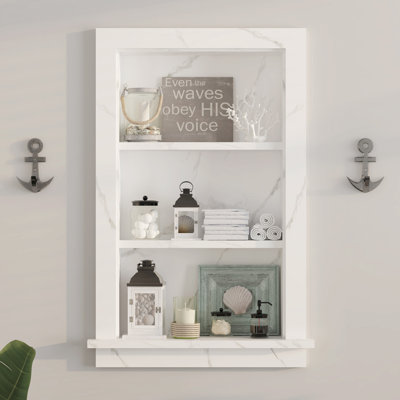 17.5"w X 4"d X 26.4"h Wall Niche Double Shelf Wood Recessed Shower Niche Cabinet Rectangle, White Marble Effect