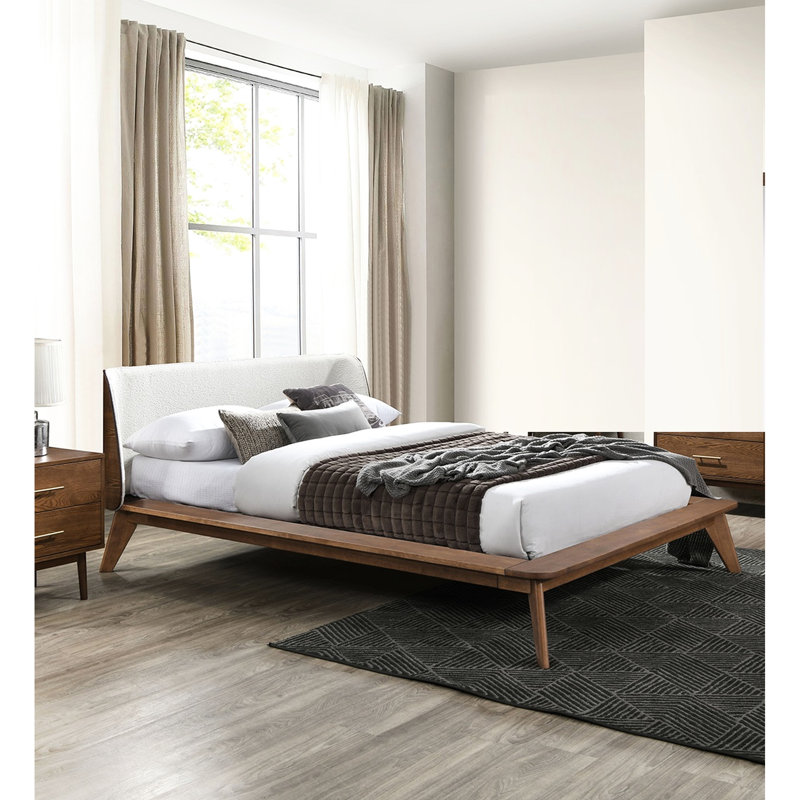 Lit en noyer de style Mid-Century de style moderne Mid-Century, plateforme en bois massif avec tête de lit à oreilles en tissu, pieds inclinés, tête de lit et matelas