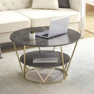 Table basse ronde à 2 niveaux en simili marbre avec tablette de rangement et cadre en métal