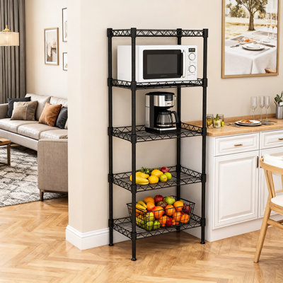 Étagère en fil métallique réglable à 5 niveaux pour la cuisine, la salle de bain et les petits espaces, couleur noire, acier robuste, poteaux de soutien de 5,12 pouces de diamètre, 1,18 1,37 tablettes, installation d'outils, peinture au four