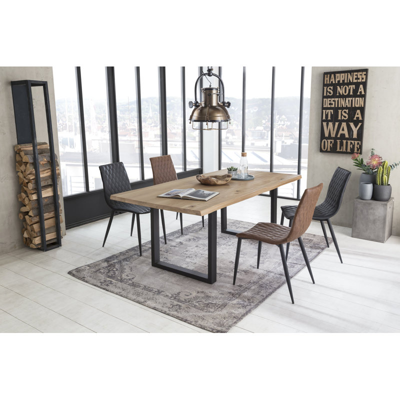 Elara Oak Solid Wood Top Metal Base Dining Table, Black