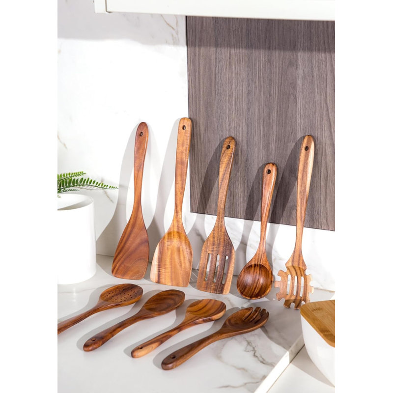 Natural Wood 10-Piece Cooking Utensils Set with White Ceramic Holder