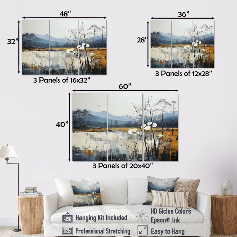 Minimalisme beige et bleu campagne IV - ensemble d'art mural campagne, Toile tendue, H 32 po x l 48 po x P 1 po