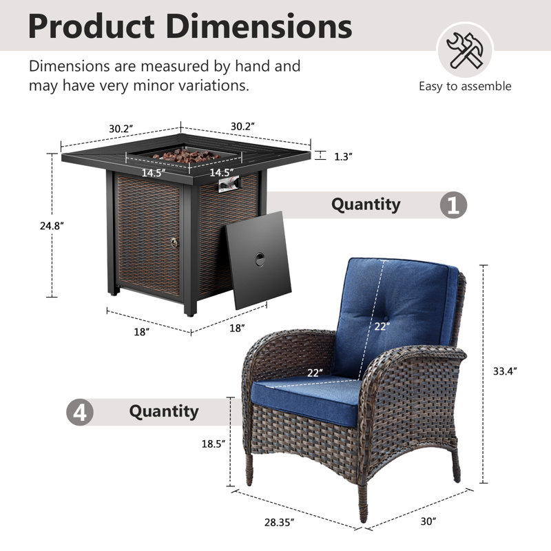 Aluel 5-Pieces Outdoor Wicker Chairs & Square Fire Pit Table Conversation Set With Cushions, Blue