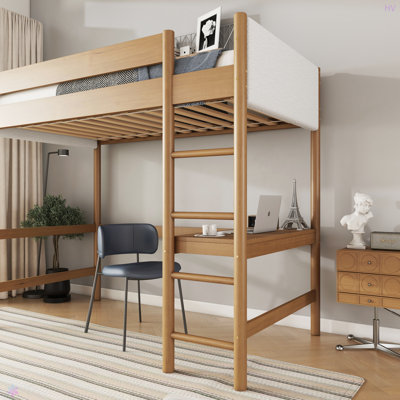 Loft Bed With Desk, Upholstered Loft Bed Frame With Ladder, Safety Guardrails,Rubber Wooden,Teddy Fleece Fabric Headboard/Footboard