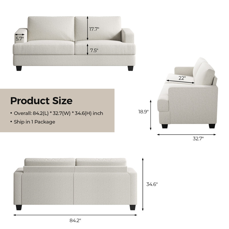 Canapé 84,2 "rembourré 84,2", ensemble 2 pièces en lin pour salon en appartement, Beige