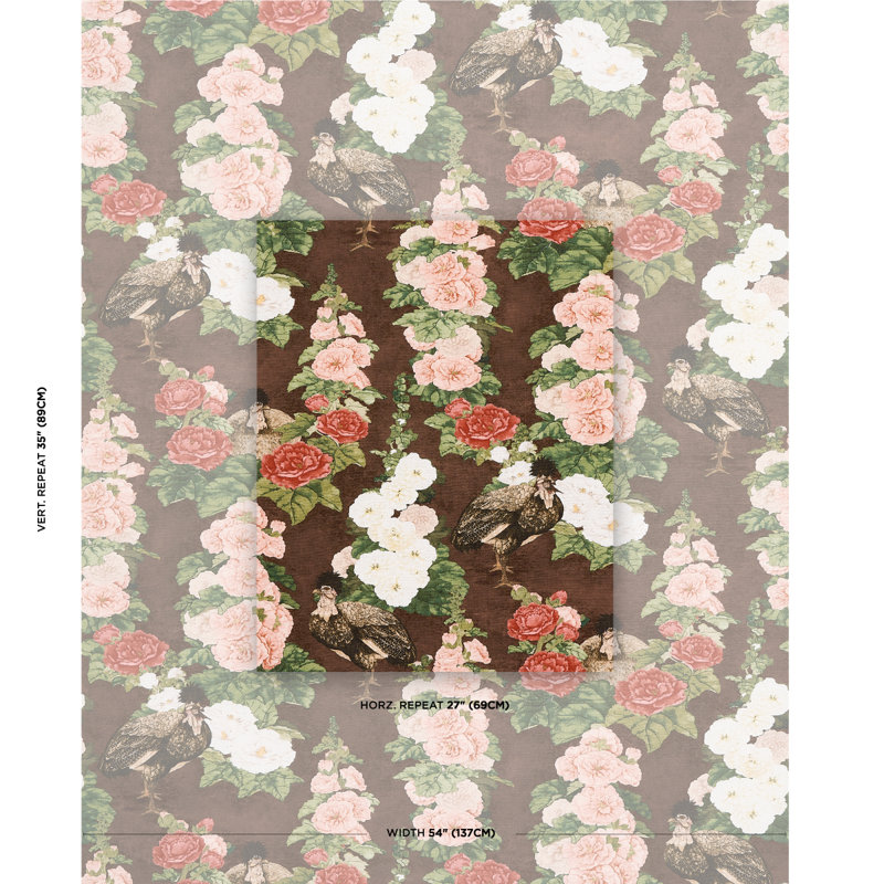 Tissu rose Hollyhock Schumacher x Mary, Brun