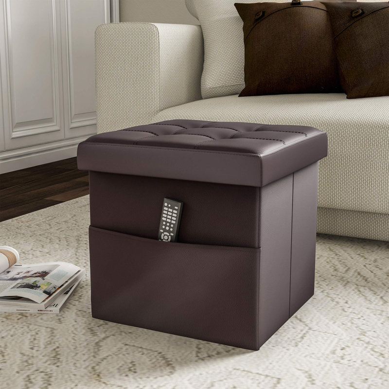 Charette 15" Storage Ottoman with Pocket - 15-Inch Folding Tufted Faux Leather Foot Rest for Bedroom, Living Room, Dorm, or RV