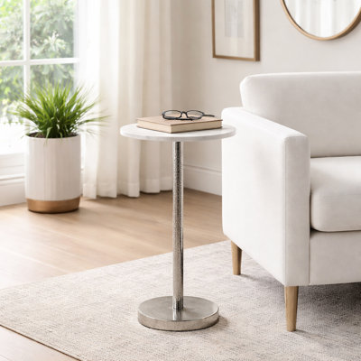 Elegant Metal Round Pedestal Drink Table with Stone Tabletop for Decorative Accents - Small Top End Table for Living Room or Kitchen Display - 25"
