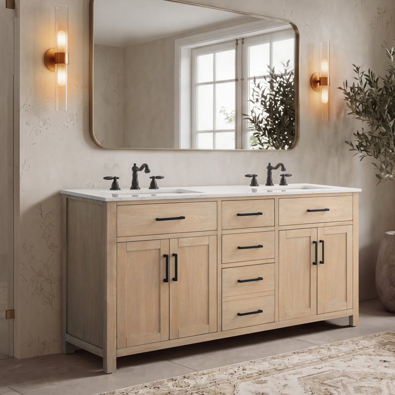 Meuble-lavabo double Shamar de 60 po avec comptoir en marbre reconstitué, Mangue naturelle