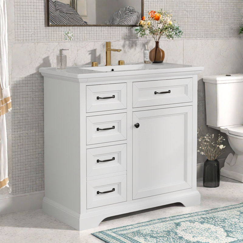 Meuble-lavabo 36 po avec plateau en céramique, 4 tiroirs et armoire, Blanc