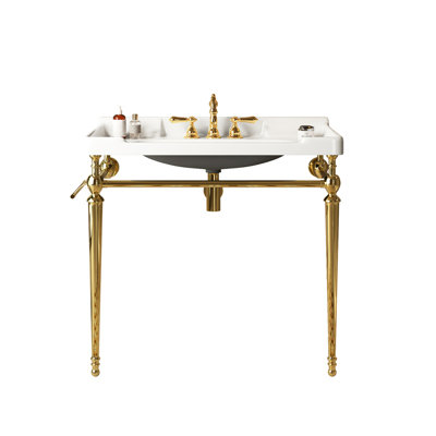 Console de salle de bain 36 po, meuble-lavabo en céramique avec 3 ouvertures de robinet, pieds robustes en acier inoxydable et porte-serviettes, teinte dorée disponible ici, bassin 36 po, trous pré-percés, barre robuste, option version dorée