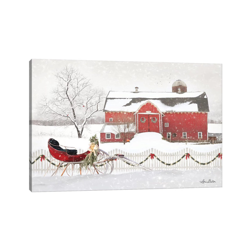 «Christmas Barn with Sleigh» par Lori Deiter - peinture sur toile tendue, H 12 po x l 18 po x 1,5 po