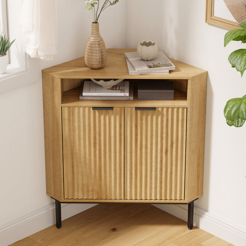 Modern 36" Fluted Corner Cabinet With Doors,Small Space Storage Solution With Adjustable Shelf & Metal Legs For Living Room, Bathroom
