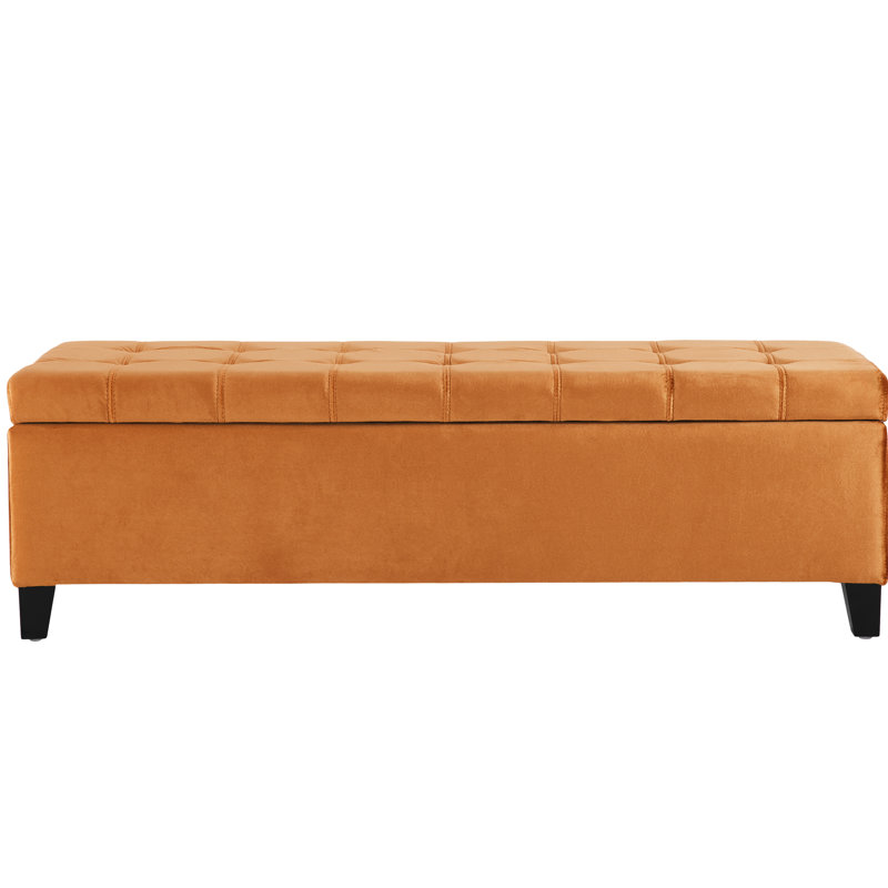Burnt Orange Velvet With Ample Storage Space And Top, On Dark Brown Birch Wood Legs, Bears 250 Lbs Weight Copious For Blankets, Strong Legs Finish, Supports