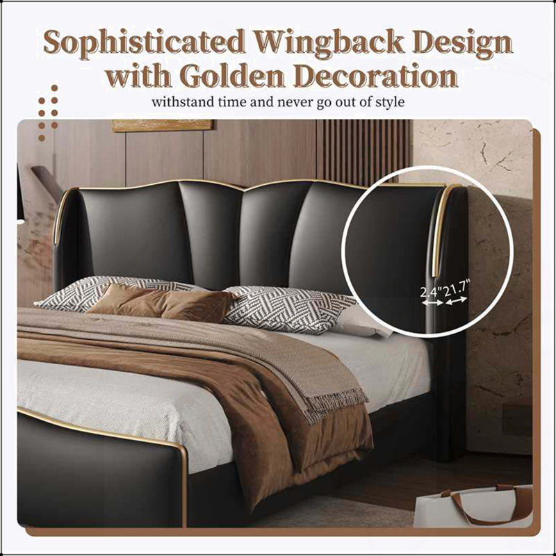 Base de lit tapissier en cuir pour grand lit, tête de lit moderne à oreilles, pied de lit ondulé, sans sommier, noir, Noir