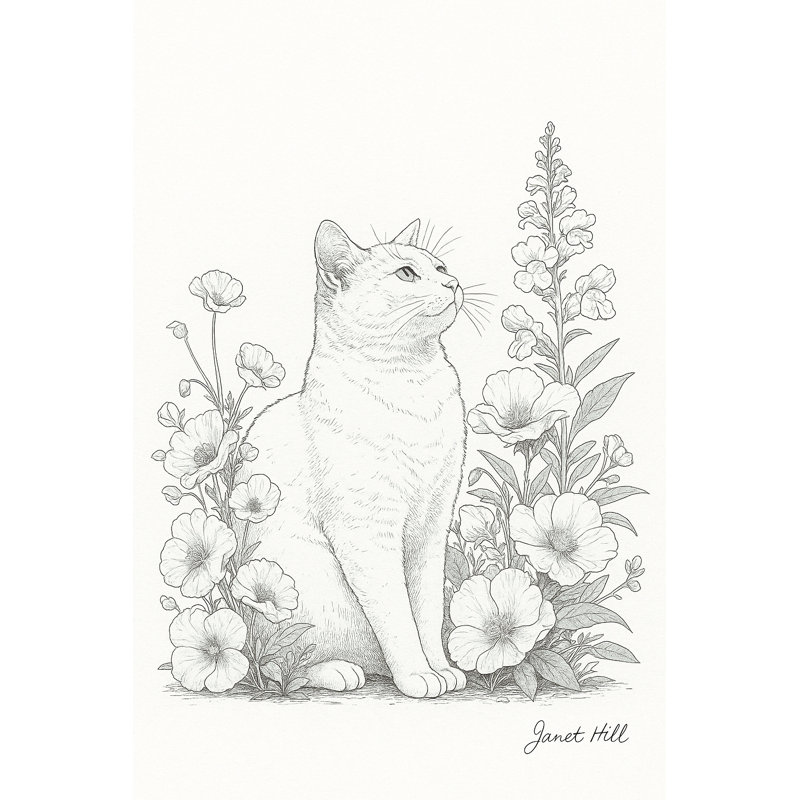 Toile tendue à motif floral Chat avec fleurs, H 48 po x l 36 po