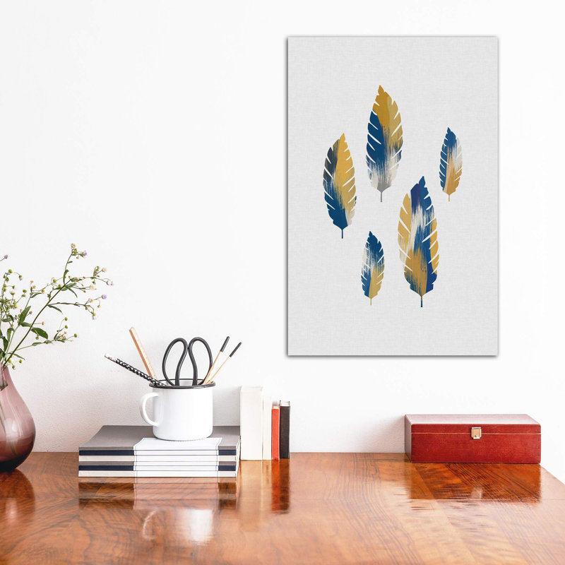 Feuilles bleues et jaunes - impression d'art graphique, H 26 po x l 18 po x 1,5 po, Toile tendue