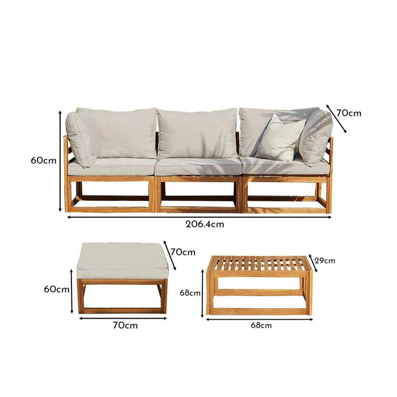 Rimasha 3 Seater Wooden Garden Sofa Set with Footstool & Coffee Table, Beige