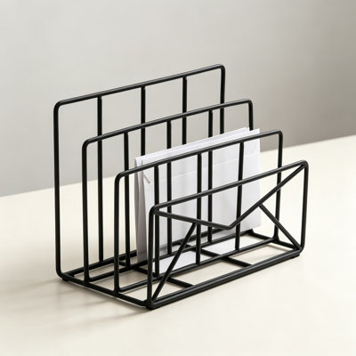 Modern Black Metal Wire Freestanding Desk Mail Sorter with Envelope Cutout Design, Office Letter and File Storage Organizer