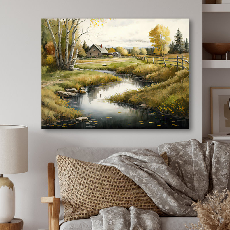Petite rivière à la grange - art mural toile / campagne, H 30 po x l 40 po x P 1,5 po, Toile tendue