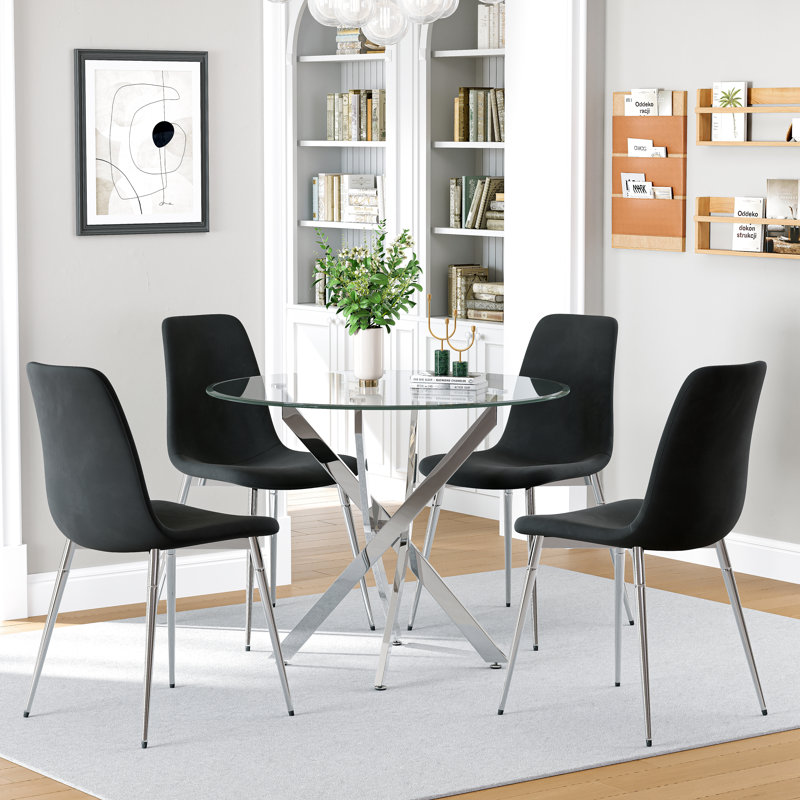 Round Glass Dining Table Set, 36" Clear Tempered Glass Tabletop With 4 Velvet Dining Chairs(Set Of 5), Silver/Black/Silver