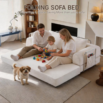 78" Convertible Sofa Bed, Corduroy Futon Couch with Storage Pocket, Boneless Pull Out Sleeper Sofa, Foldable Couch for Living Room Bedroom, No Assembly Space Saver, Beige