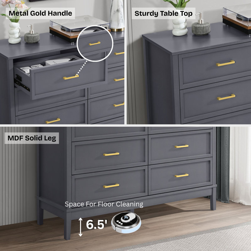 Commode 6 tiroirs pour chambre à coucher Walter, commode moderne l 47,3 po, organisateur de tiroir en bois pour vêtements, entrée, couloir, chambre de bébé ou salon, gris foncé
